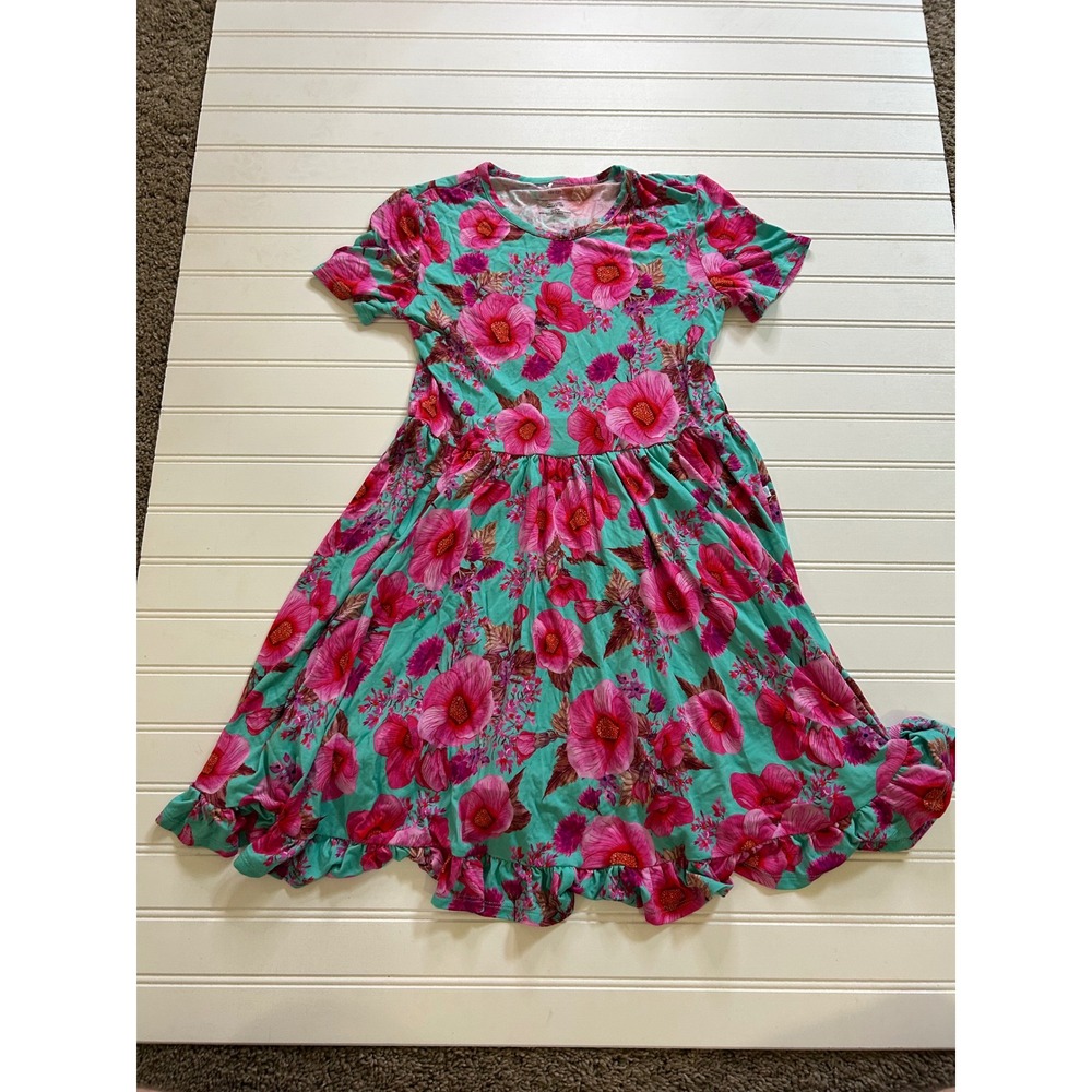 Posh Peanut Kienna Turquoise Pink Hibiscus Floral Bamboo Twirl Dress 10Y-12Y